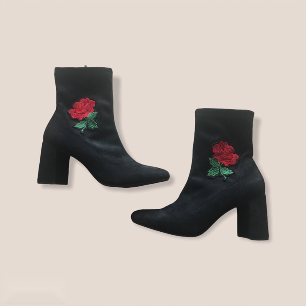 Faux Suede Boots with Rose Embroidery (Black)